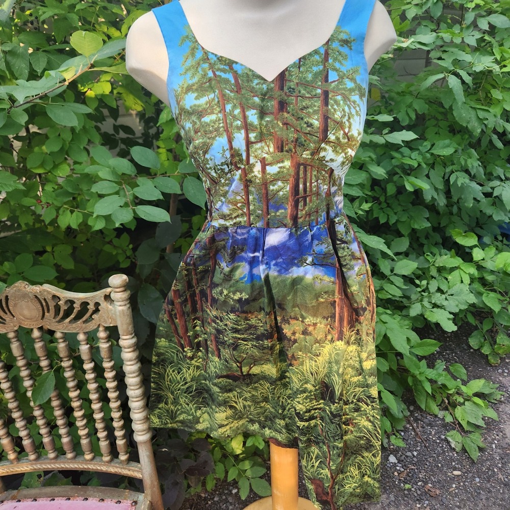Retrolocious Forest Tree‎ Print Fit & Flare Dress Sleeveless Womens M